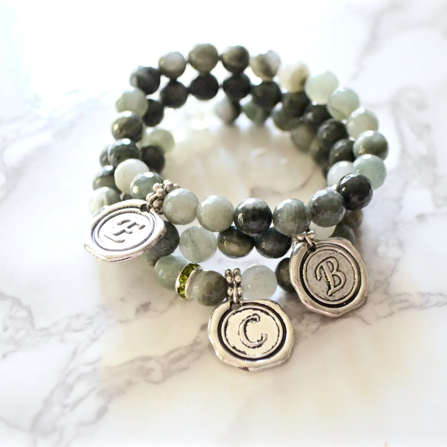 Silver Initial Bracelet in Green Rabbit Fur Quartz