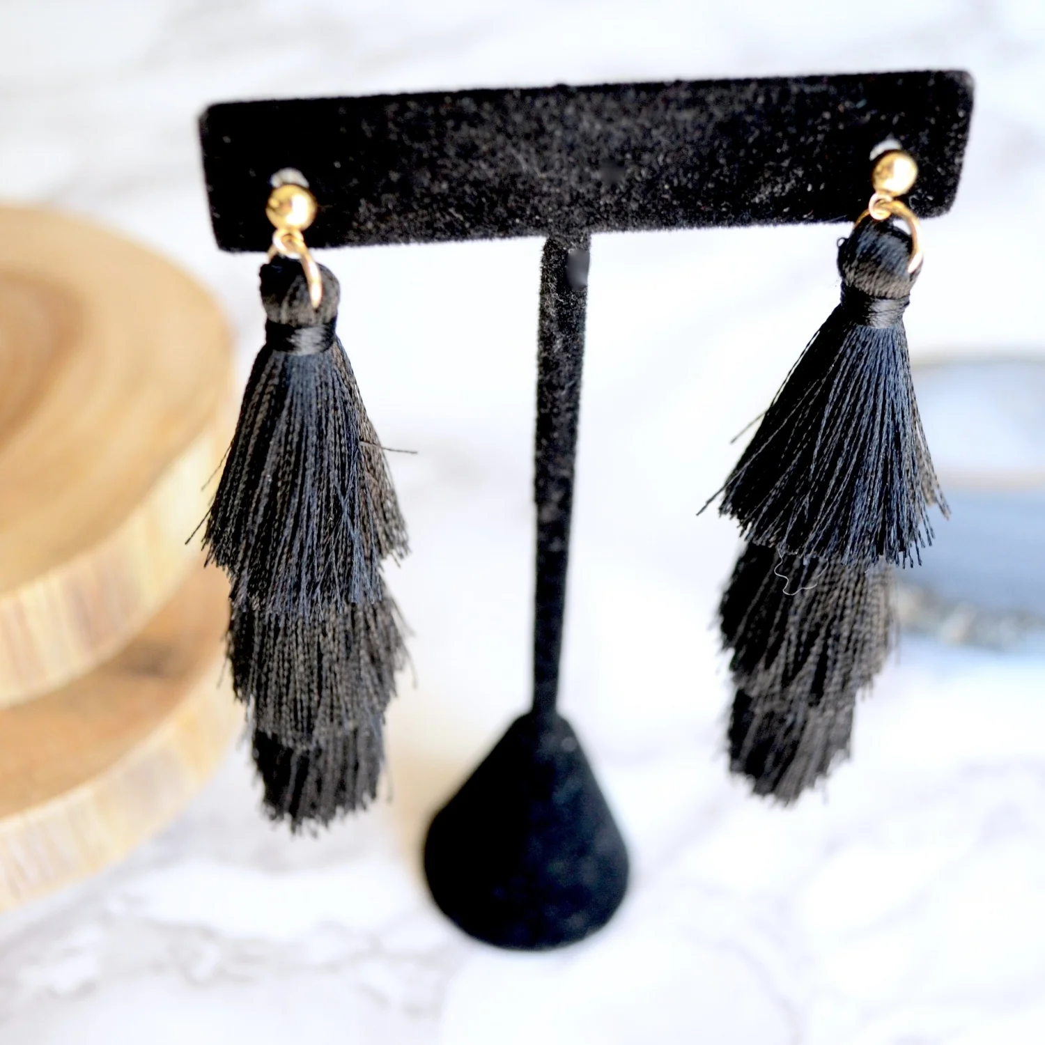 Black Three-Tiered Tassel Earrings