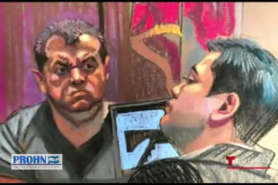 Victor Hugo Diaz morales, alias “El Rojo” testifying against tony hernandez is the new york southern district court. Sketch published by TeleMundo.