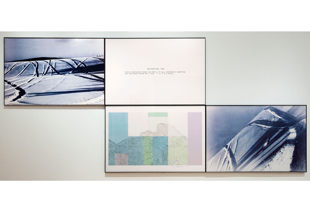  Dennis Oppenheim,  One Hour Run , 1968 Color photography, collage stamped topographic map, collage boundary line photograph |&nbsp;1 map, 1 text, 2 snow photos: each 40 x 60 inches |&nbsp;HG6437 