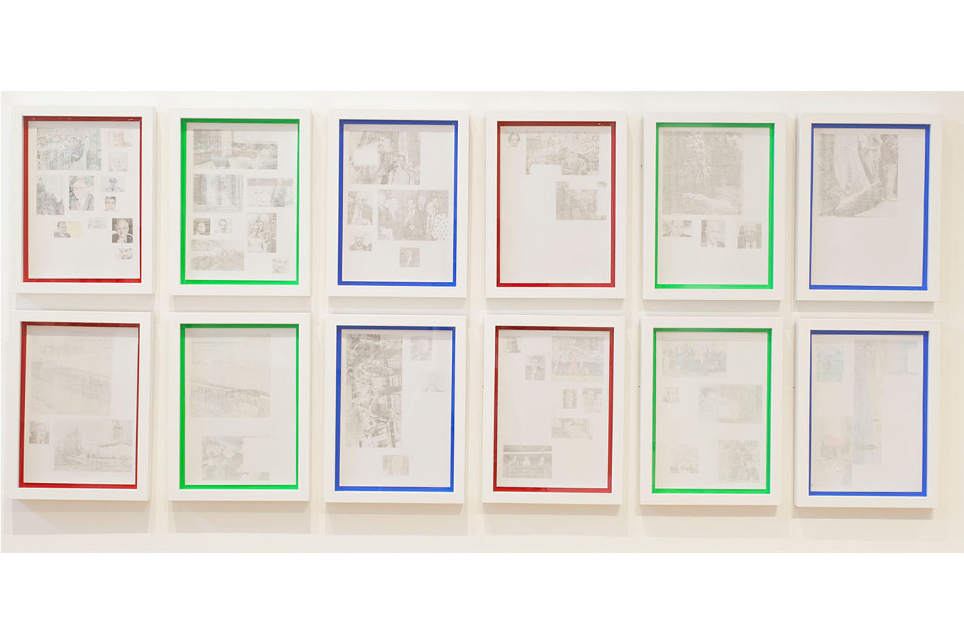  Taha Belal  Untitled (pictures backwards) , 2014 Newspaper ink transfer on inkjet photo paper |&nbsp;each panel: 11.5 x 8.5 inches /&nbsp;installed dimension: 29 x 68 x 1.5 inches | HG12538 
