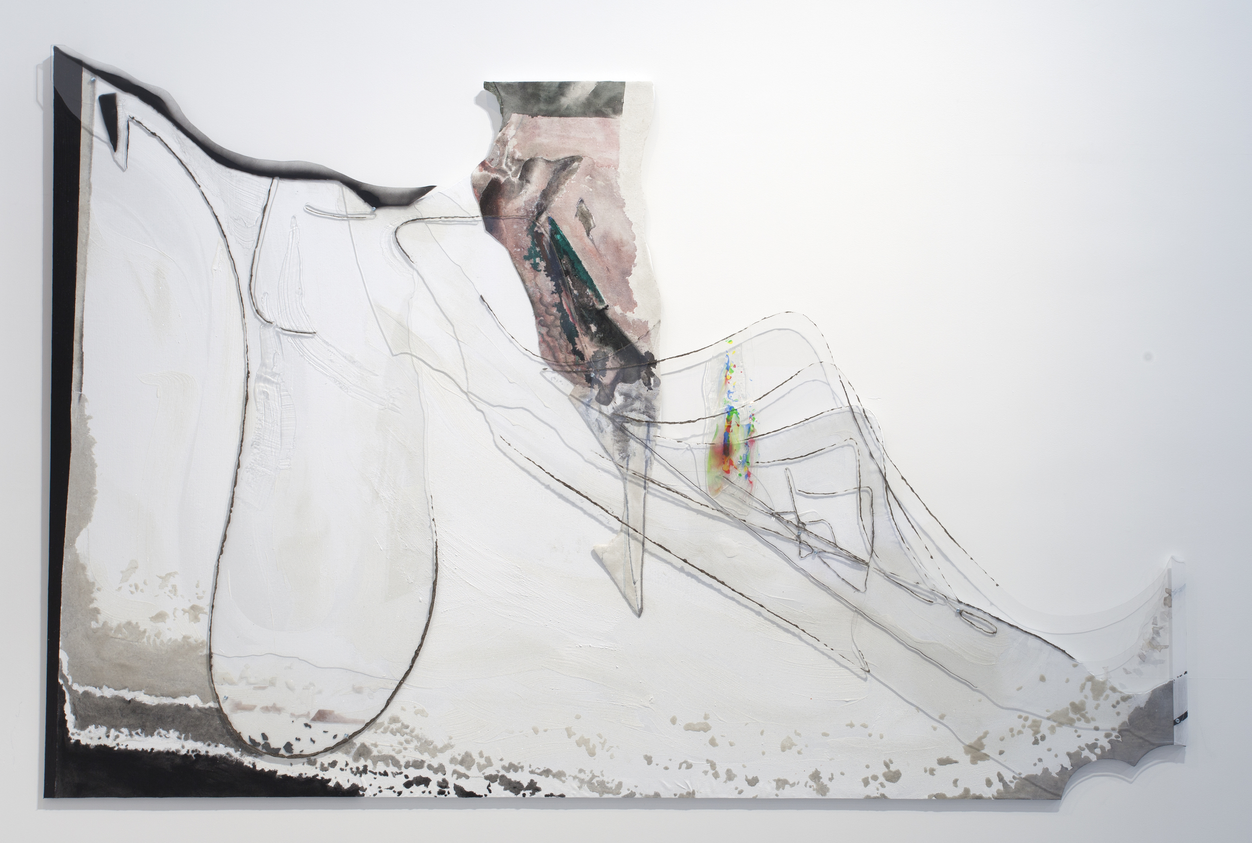  Leslie Shows,  The Marquis's Opinion , 2015 Acrylic, ink, sand, mica, canvas, plexiglass, synthetic rubber, aluminum | 60 x 90 inches | HG13148 
