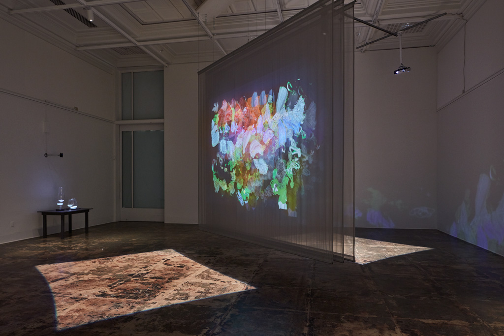  Camille Utterback,  Entangled , 2015, commissioned for installation at the Contemporary Jewish Museum, San Francisco;  pictured at Stanford Art Gallery, 2017 Dual-channel interactive installation on scrims | 24 x 15 x 14 ft | Photo by JKA Photograph
