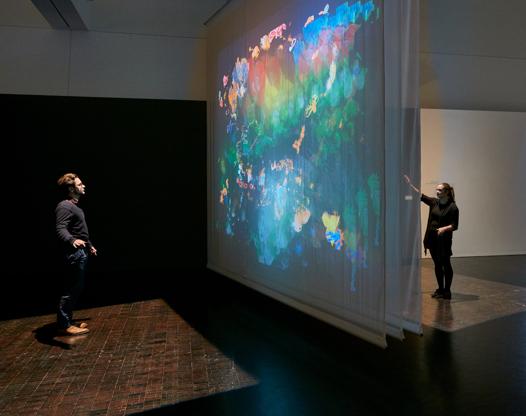 Camille Utterback,  Entangled , 2015, commissioned for installation at the Contemporary Jewish Museum, San Francisco Dual-channel interactive installation on scrims | 24 x 15 x 14 ft | Photo by JKA Photography 