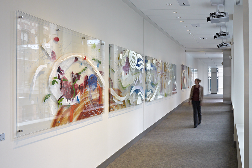  Camille Utterback,  Flourish , 2013, commissioned by the Liberty Mutual Group Interactive installation with custom glass | 9 x 70 x 12 feet | Photo by Charles Mayer Photography 