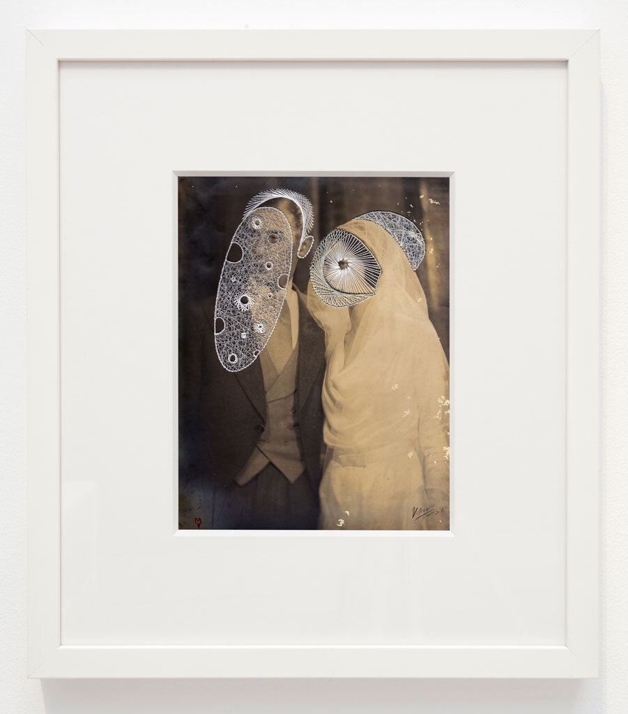  Maurizio Anzeri,  I Will Be With You The Night Of Your Wedding , 2015 Embroidery on found photograph | Paper: 9 x 6.75 inches; Frame: 16.5 x 14.25 inches | HG13213 