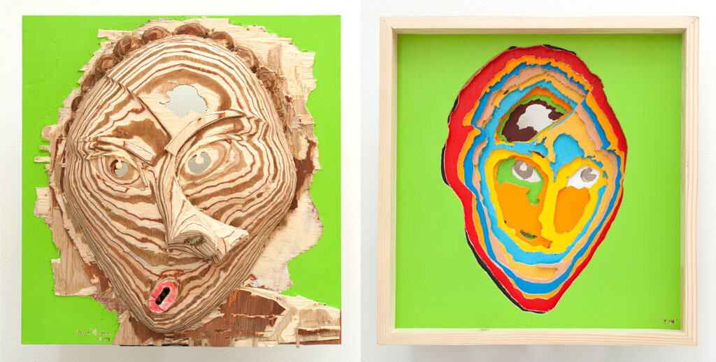 Aimé Mpane,  La Demoiselle Pende / Masque Bi-face Picasso-Pende #14 , 2014 Acrylic and mixed media on wood panel } 12.5 x 12 x 3 inches | HG12573 