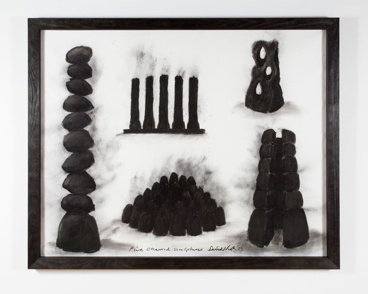  David Nash,  Five Charred Sculptures , 2009 Charcoal on paper in charred wood frame | Paper: 48 x 60 inches; Frame: 52 x 62.75 x 2.5 inches | HG10388 