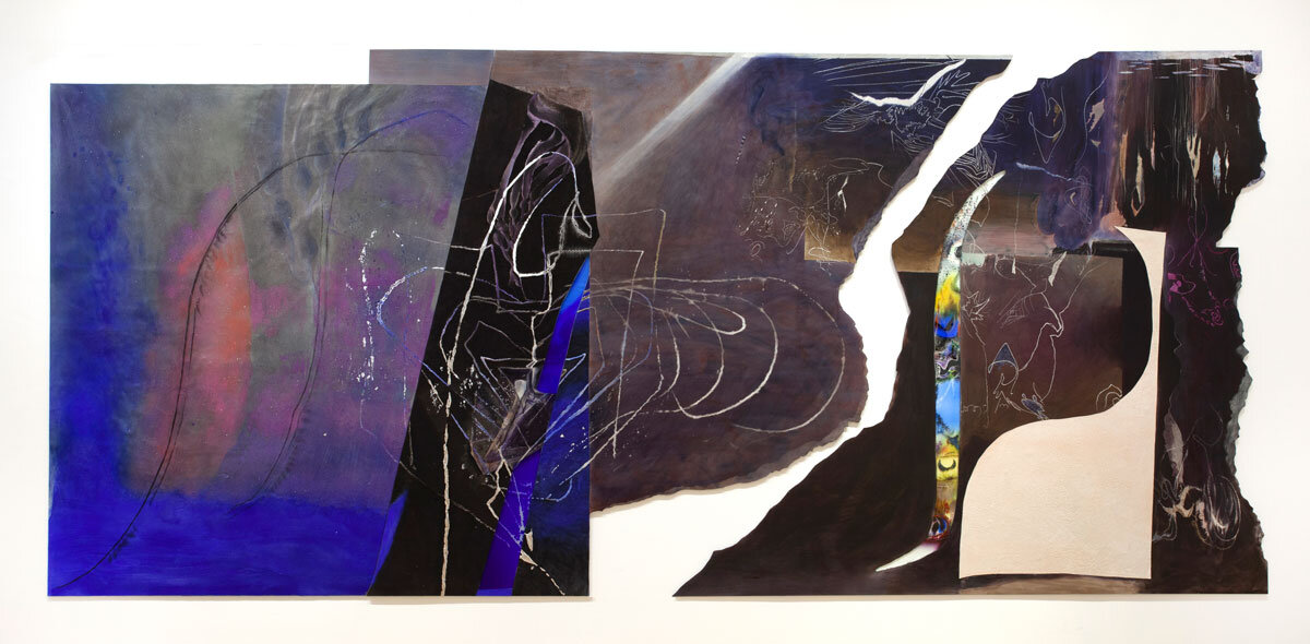  Leslie Shows,  Seawrack , 2019 Ink, glass, canvas, aluminum | Triptych, 72 x 156 inches overall | HG15342 