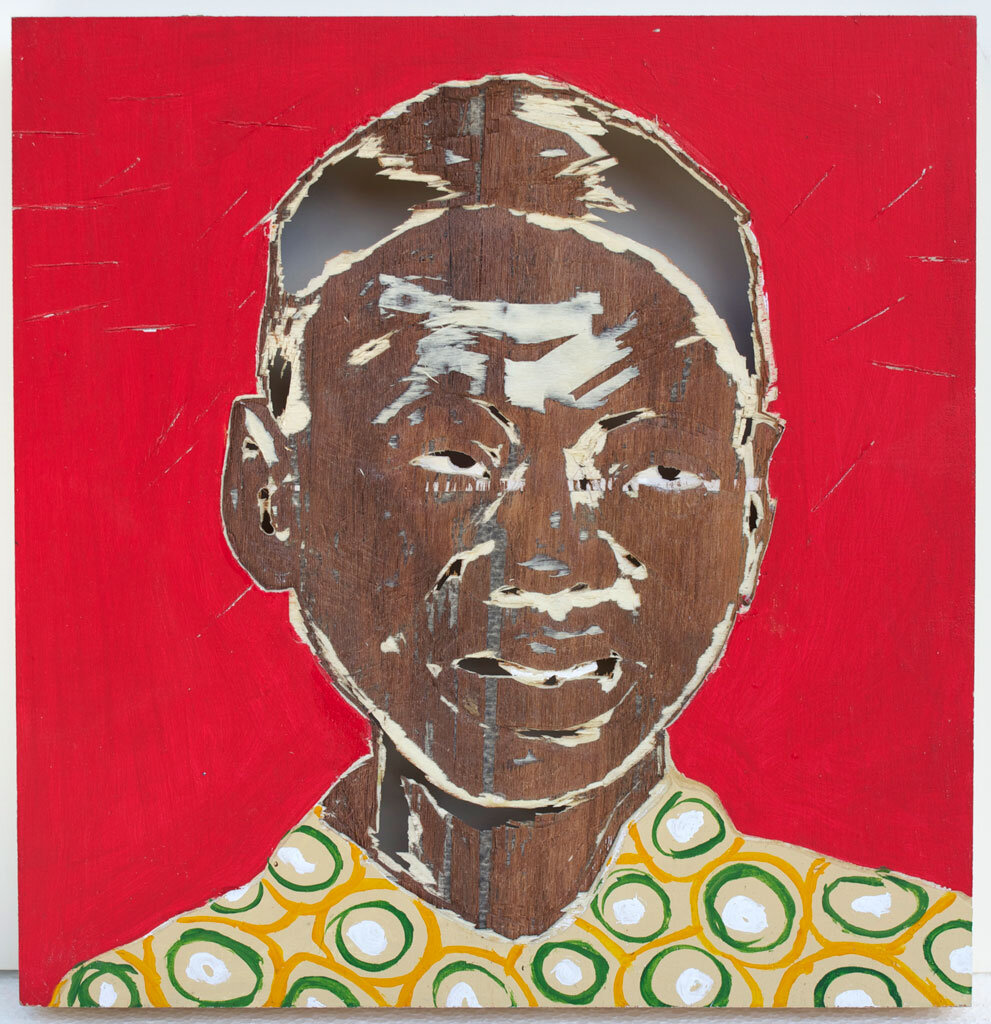  Aimé Mpane,  Kinoct #58 , 2011 Acrylic and mixed media on wood panel | 12.5 x 12 x 2 inches | HG12090 