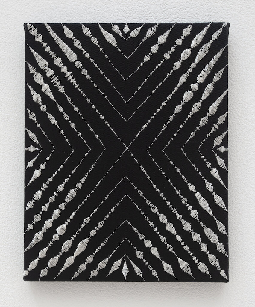  Angelio Filomeno,  Mantra (Black X),  2019 Metallic thread on cotton | 10 x 8 inches | HG15821 