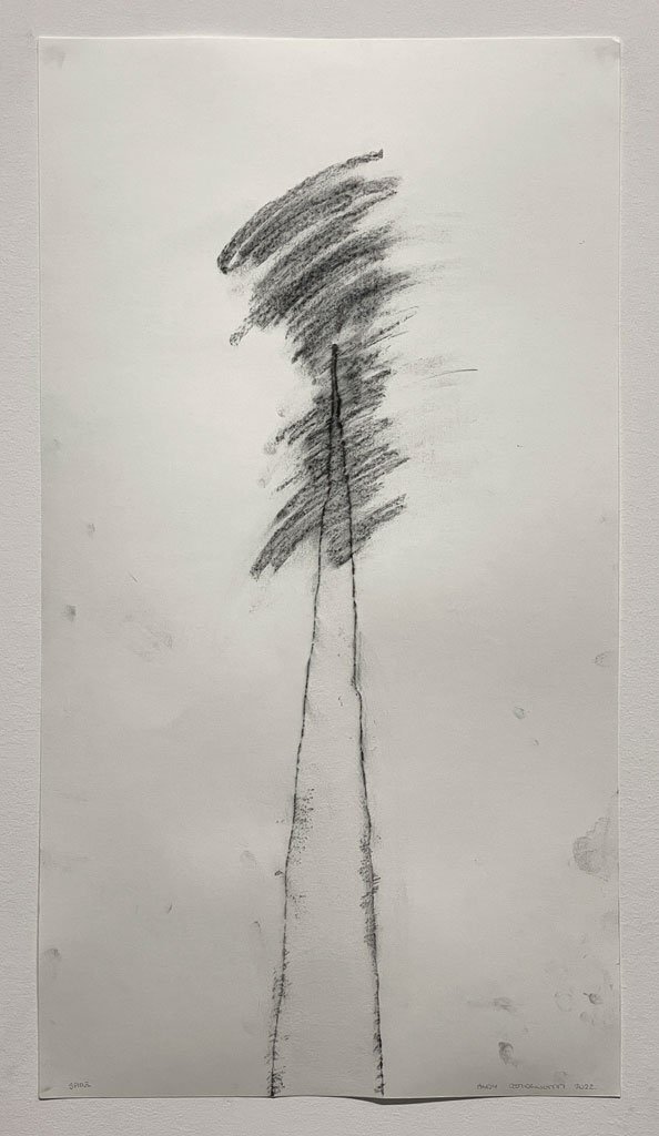  Andy Goldsworthy,  Spire , 2022 Debossed watercolor paper with charcoal collected from Presidio Spire | 31 x 17 inches | HG15927 