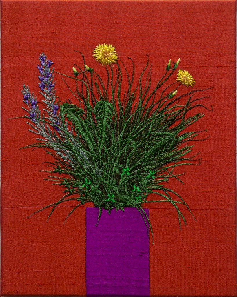  Angelo Filomeno,  A Vase of Turf with Dandelion and Rosemary , 2021 Embroidery on silk shantung stretched over cotton | 10 x 8 inches | HG15981 