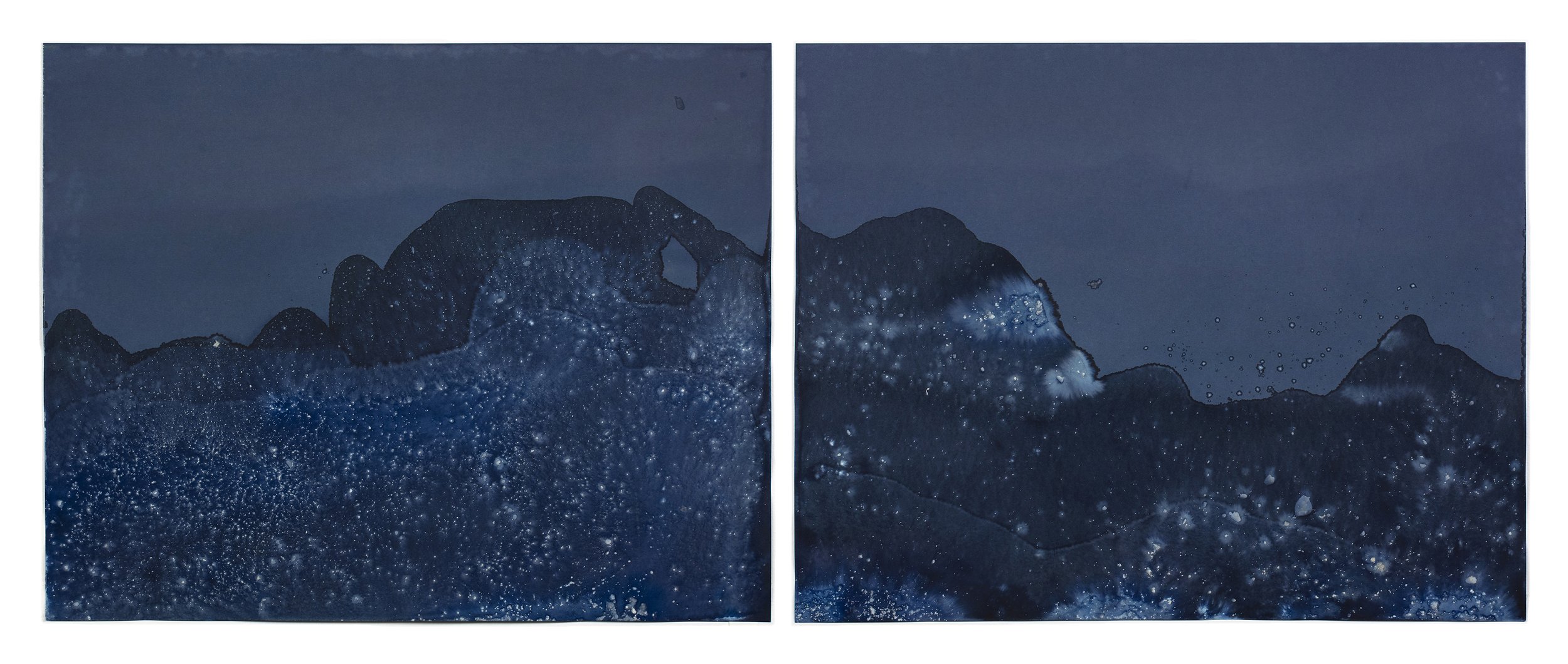  Meghann Riepenhoff,  Littoral Drift #1366 (Diptych, Redwood Creek, CA 09.09.16, Lapping Waves and Blue Green Algae Bloom),  2016 Unique Dynamic Cyanotype | Diptych, 23 x 53 inches, framed | HG16058 