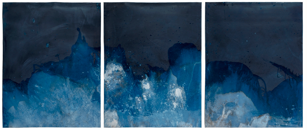  Meghann Riepenhoff,  Littoral Drift #1492 (Triptych, Bolinas Beach, CA 06.12.19, Boat Currents and Lapping Waves),  2019 Unique Dynamic Cyanotype | Triptych, 58.5 x 132 inches, framed | HG16038 