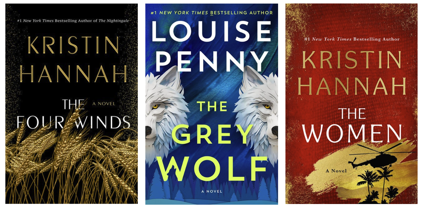 Cover images for The Four Winds by Kristin Hannah, The Grey Wolf by Louise Penny, and The Women by Kristin Hannah