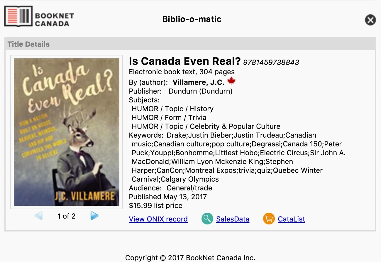  Bibliographic data for the book Is Canada Even Real, including keywords. 