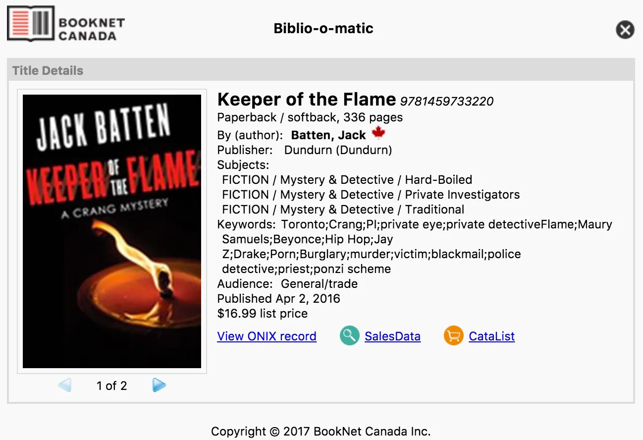  Bibliographic data for the book Keeper of the Flame, including keywords. 
