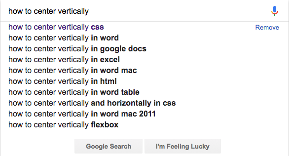 Screen cap of the Google results for "How to center vertically."