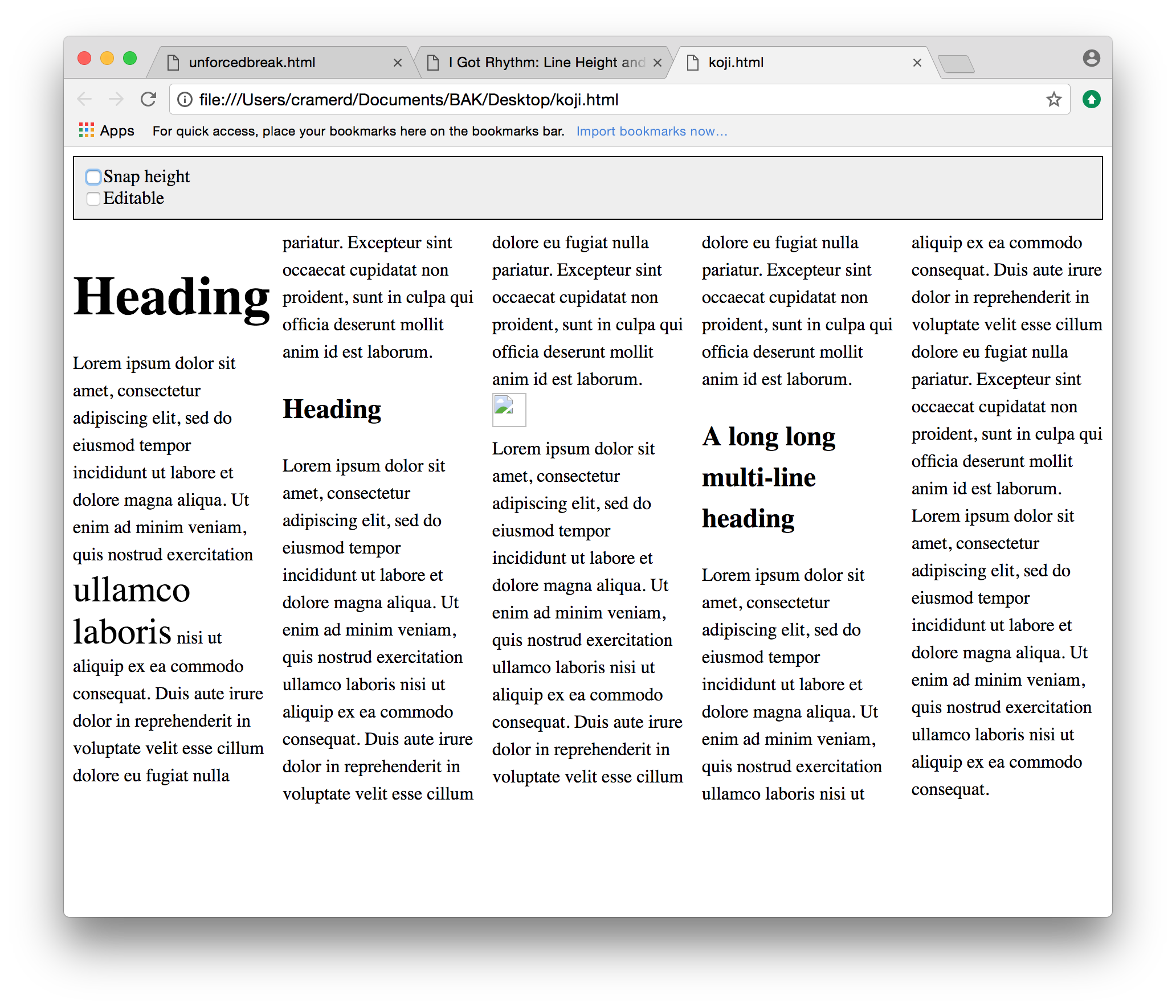  Example 6: multi-column text with heads and images, poorly aligned 
