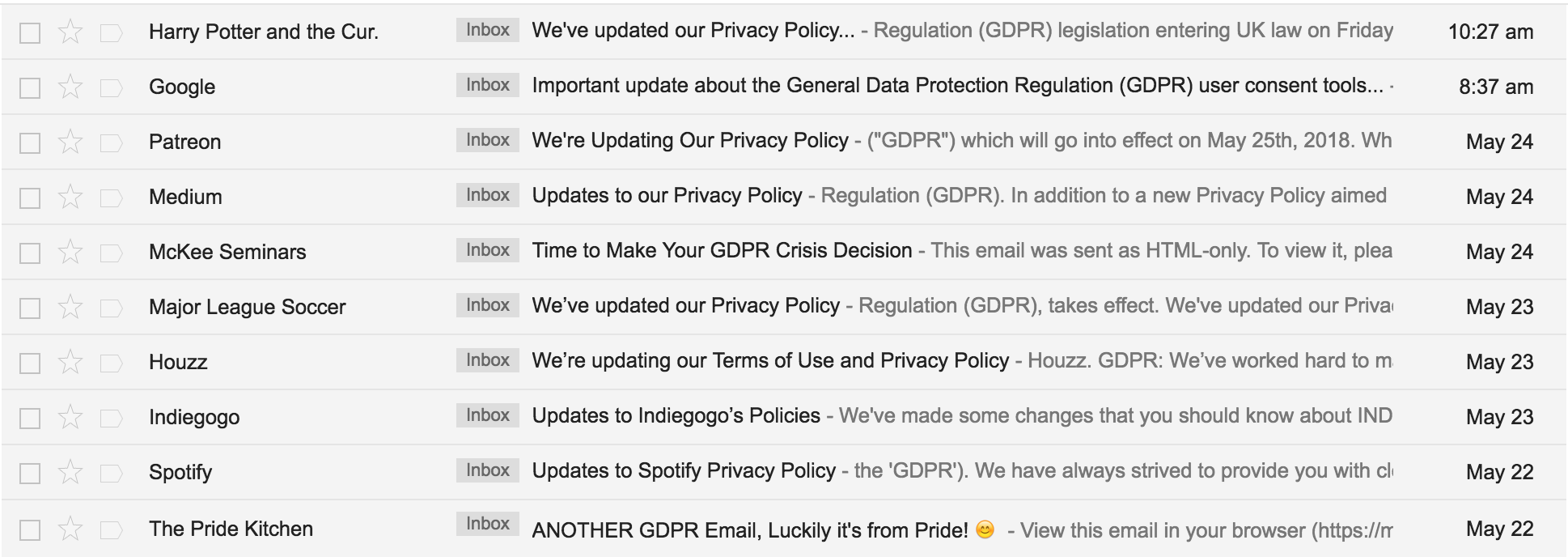 GDPR emails have reached 100% inbox saturation.