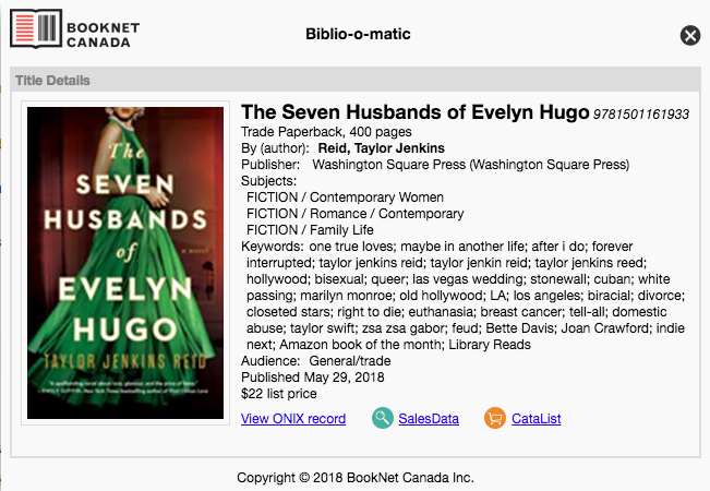 The Seven Husbands of Evelyn Hugo by Taylor Jenkins Reid on Biblio-o-matic .