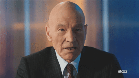 Sir Patrick Stewart demonstrates a mild shock facial expression.