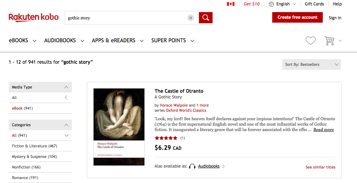 Screen showing search results for “gothic story” on Kobo.com. The Castle of Otranto is the first result.