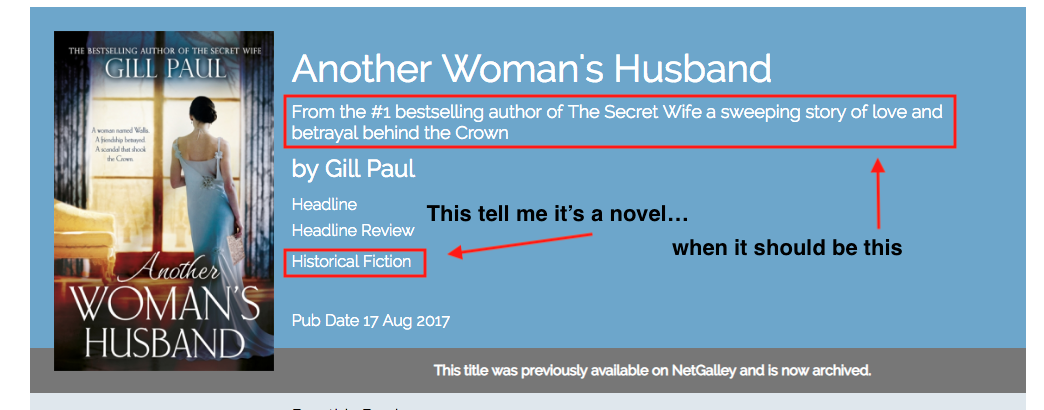   Another Woman's Husband: From the #1 bestselling author of The Secret Wife a sweeping story of love and betrayal behind the Crown.  The category of the book, historical fiction, tells us it’s a novel, when it should be the subtitle that does that work. 