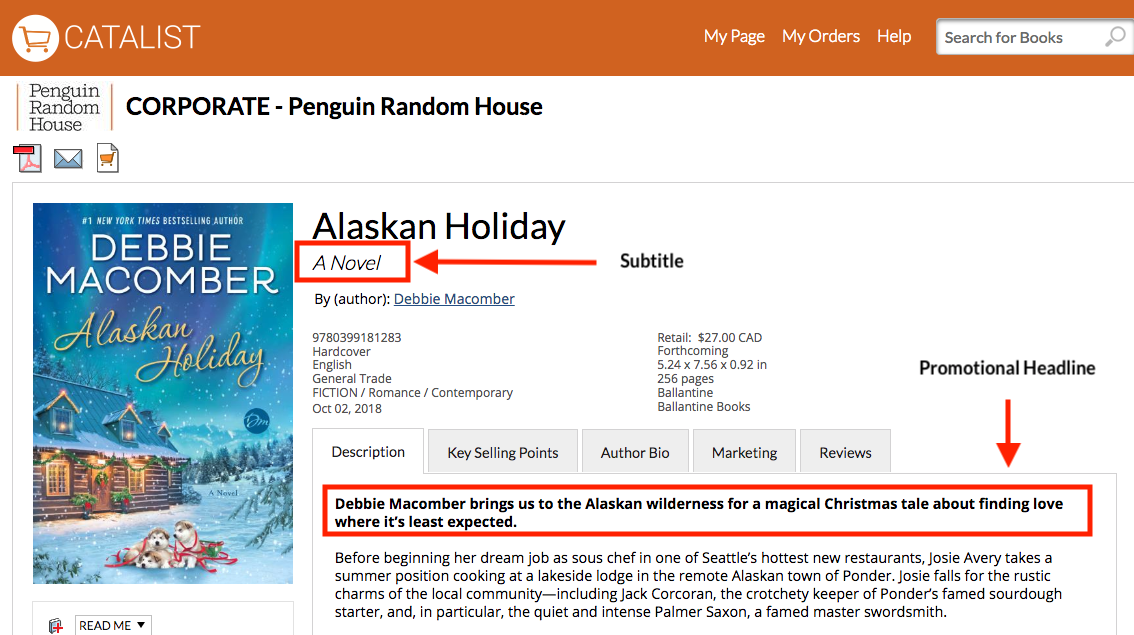   Alaskan Holiday :  A Novel.  Promotional headline : Debbie Macomber brings us to the Alaskan wilderness for a magical Christmas tale about finding love where it's least expected.  