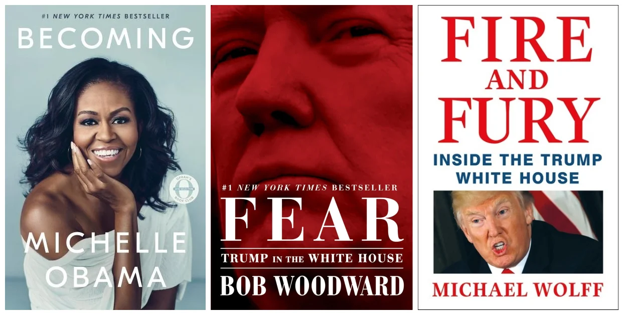 Cover images for Becoming, Fear, and Fire and Fury.