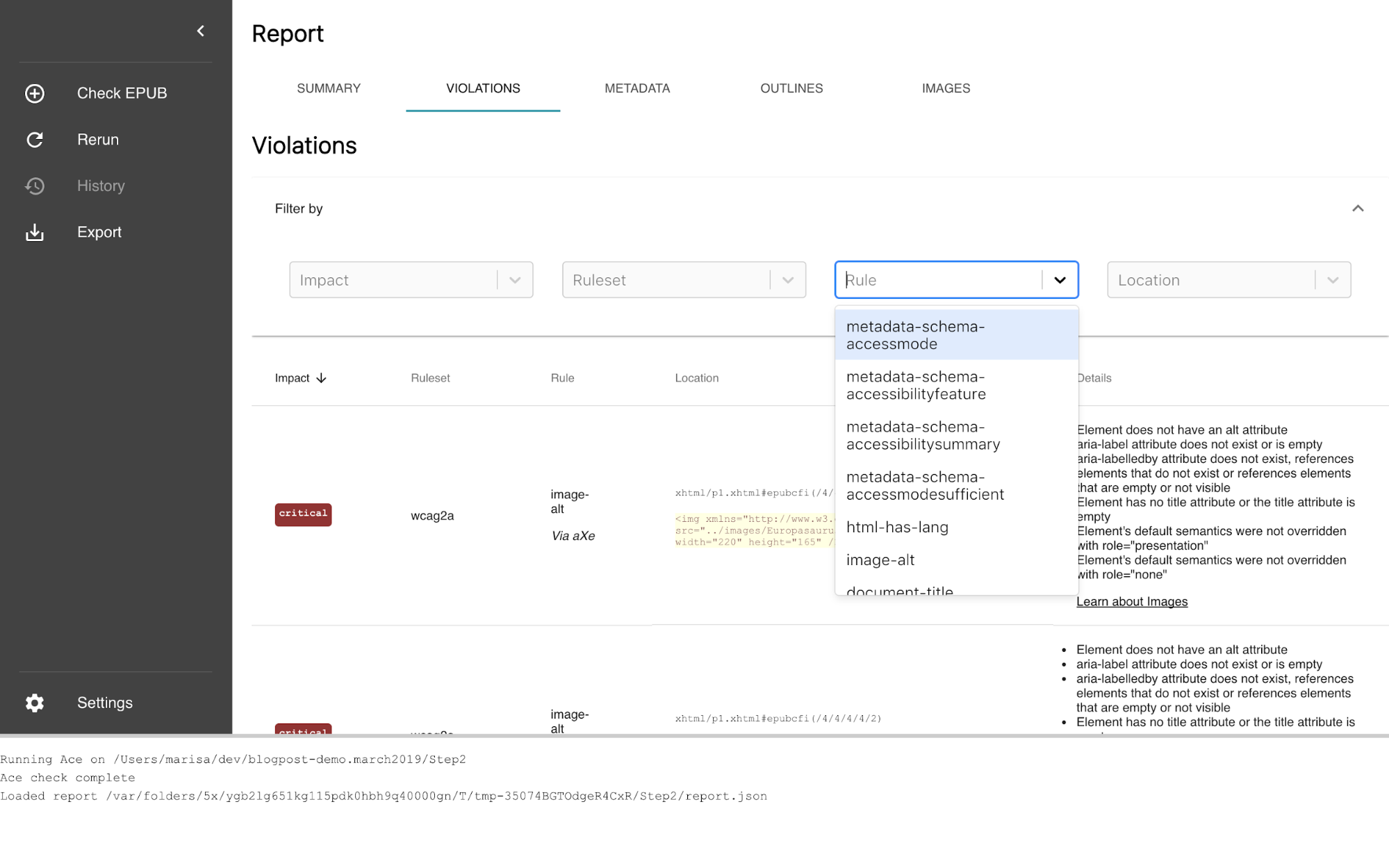 We’re going to look at the Violations tab, which shows a table where each row represents a violation found in the book. The rows can be filtered by several properties, such as the rule that triggered the violation, or the file in which it was found.