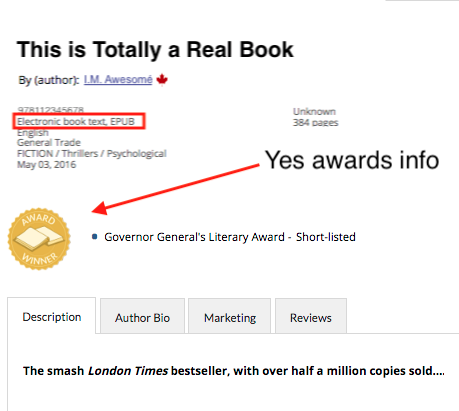 Image showing award info displaying for the EPUB version of a title