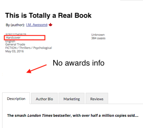 Image showing no awards data showing for the hardcover format of the same title
