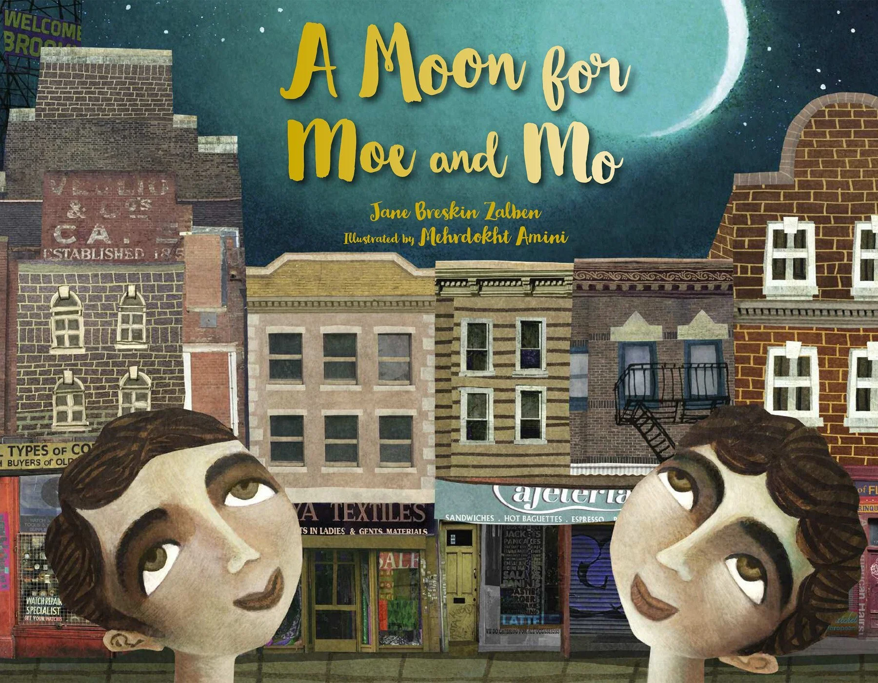 Book cover image for A Moon for Moe and Mo by Jane Breskin Zalben, Illus. by Mehrdokht Amini