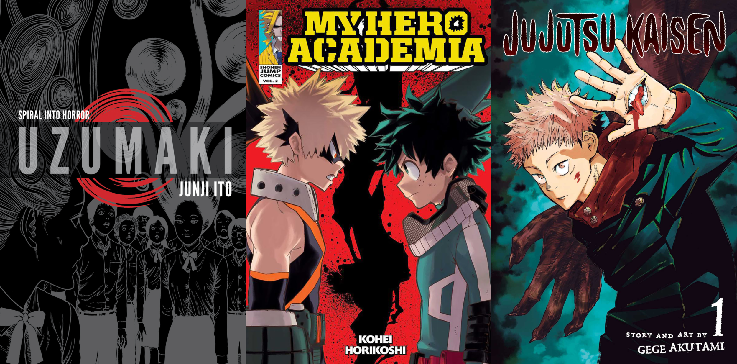 Collage of covers of Uzumaki by Junji Ito, My Hero Academia, Vol. 2 by Kohei Horikoshi, and Jujutsu Kaisen, Vol. 1 by Gege Akutami