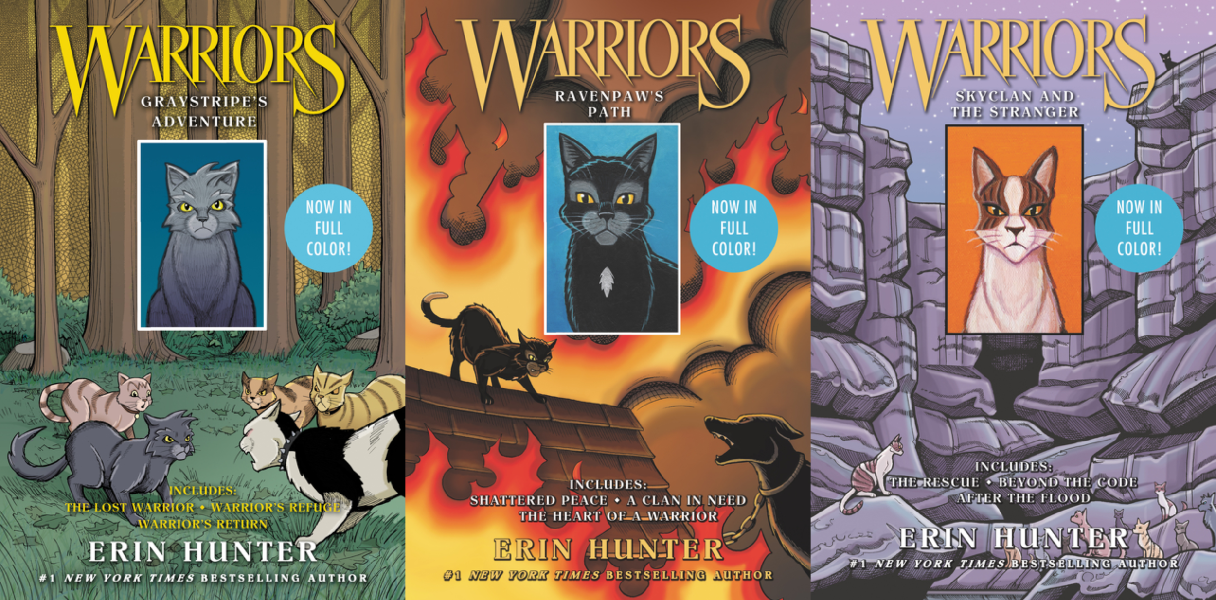 Collage of covers of Warriors: Graystripe's Adventure, Warriors: Ravenpaw's Path, and Warriors: SkyClan and the Stranger, all by Erin Hunter, illus. by James L. Barry.