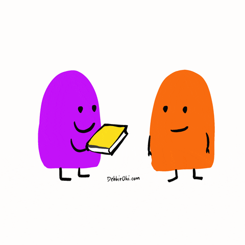 Animated GIF of a character giving a book to another, the recipient is happy to get the book