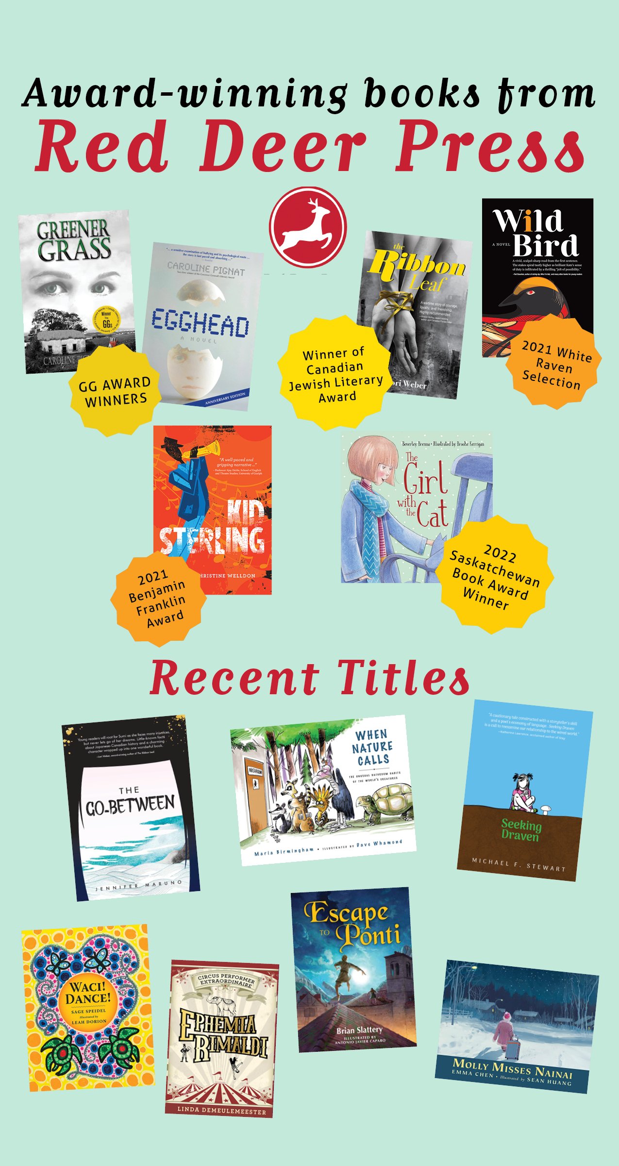 Collage of award-winning books from Red Deer Press and recent titles.