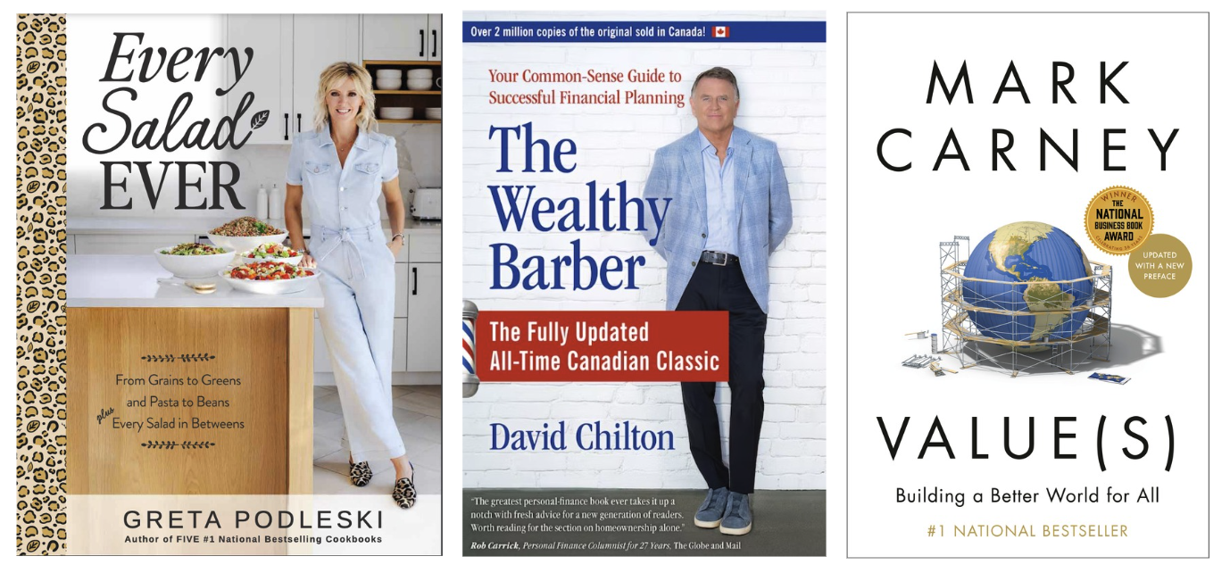Collage of covers for Every Salad Ever by Greta Podleski, The Wealthy Barber by David Chilton, and Values by Mark Carney