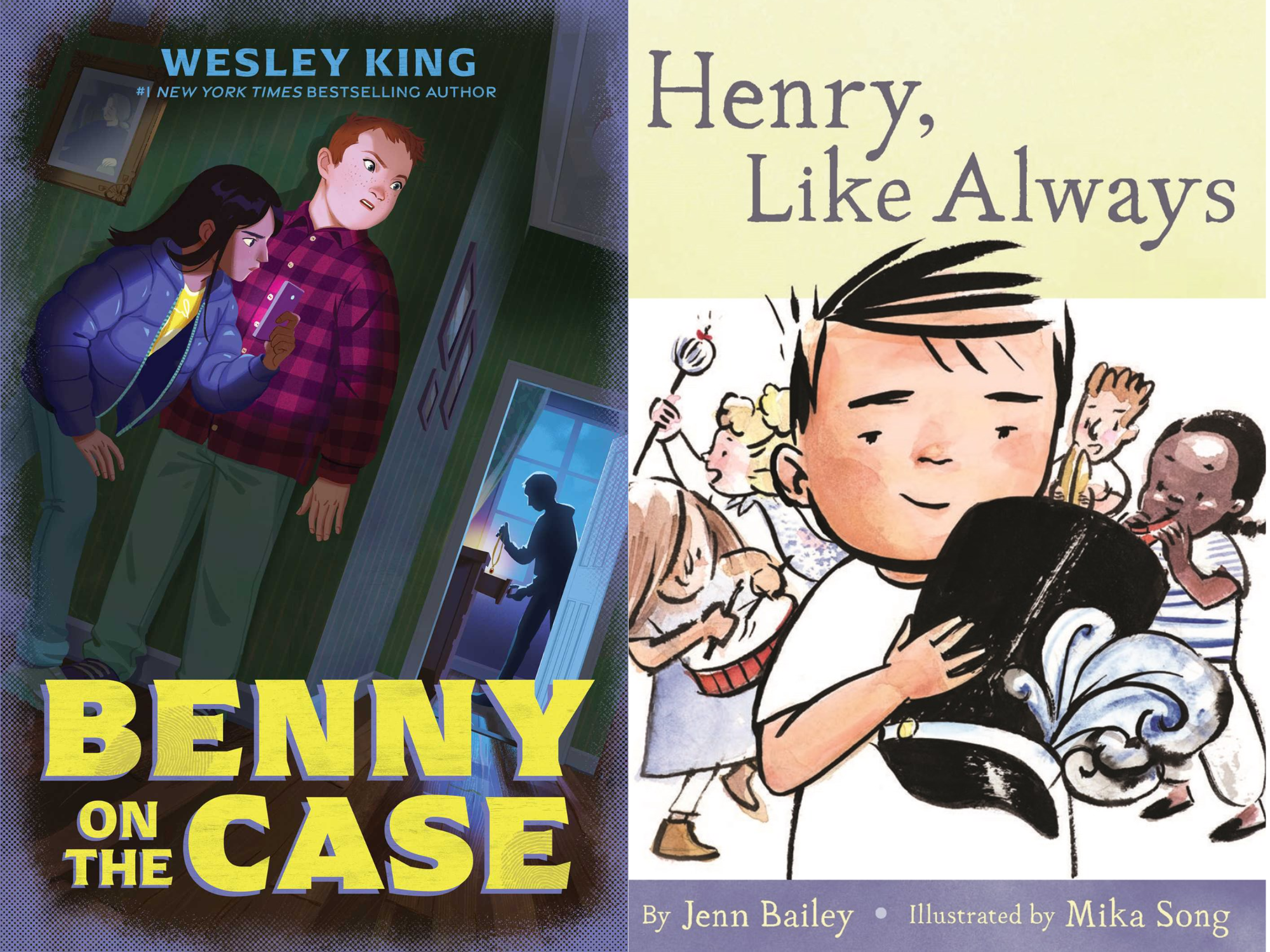 Book covers of Benny on the Case by Wesley King & Maike Plenzke and Henry, Like Always by Jenn Bailey & Mika Song
