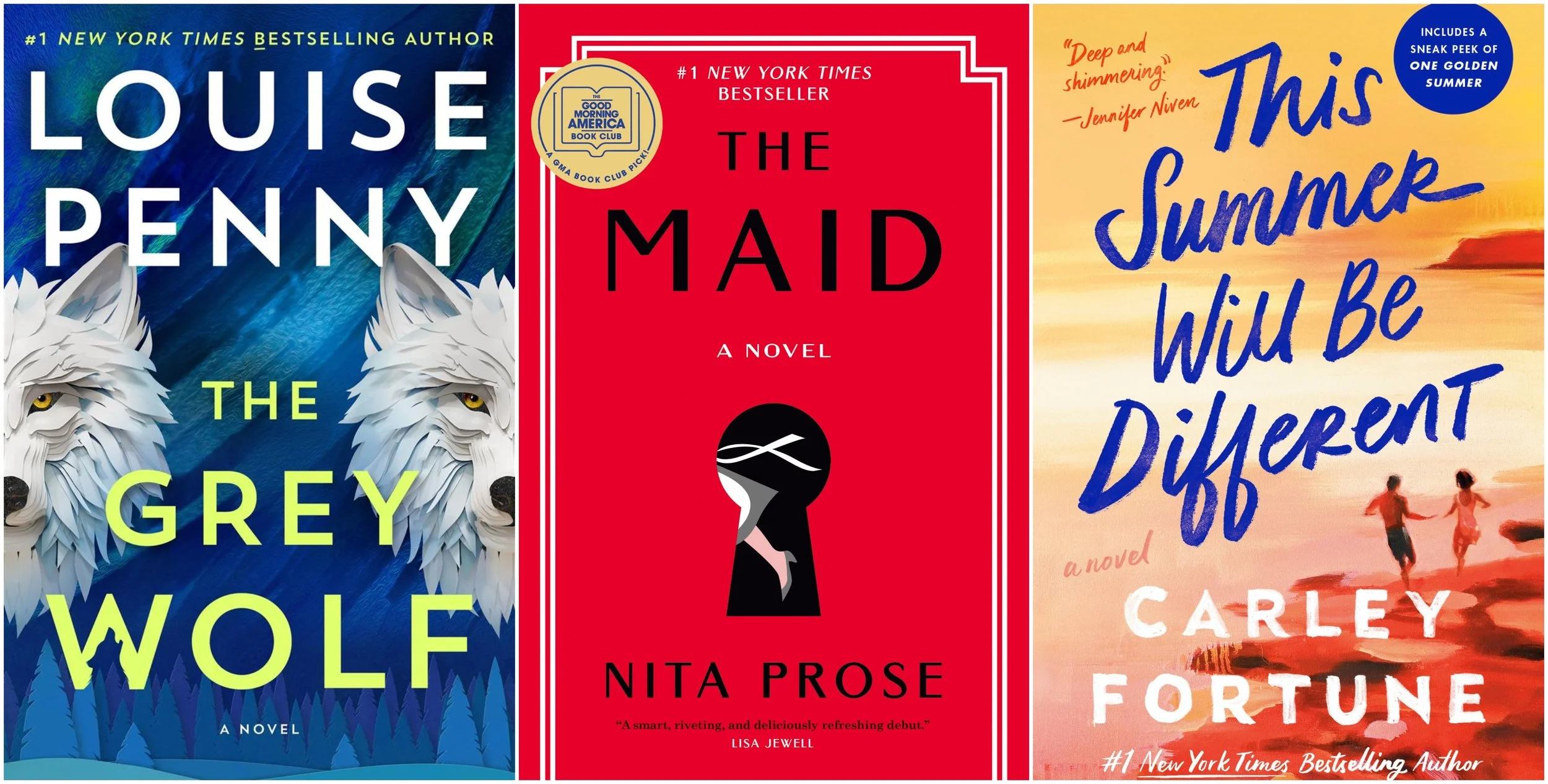 Collage of covers of The Grey Wolf by Louise Penny, The Maid by Nita Prose, and This Summer Will Be Different by Carley Fortune