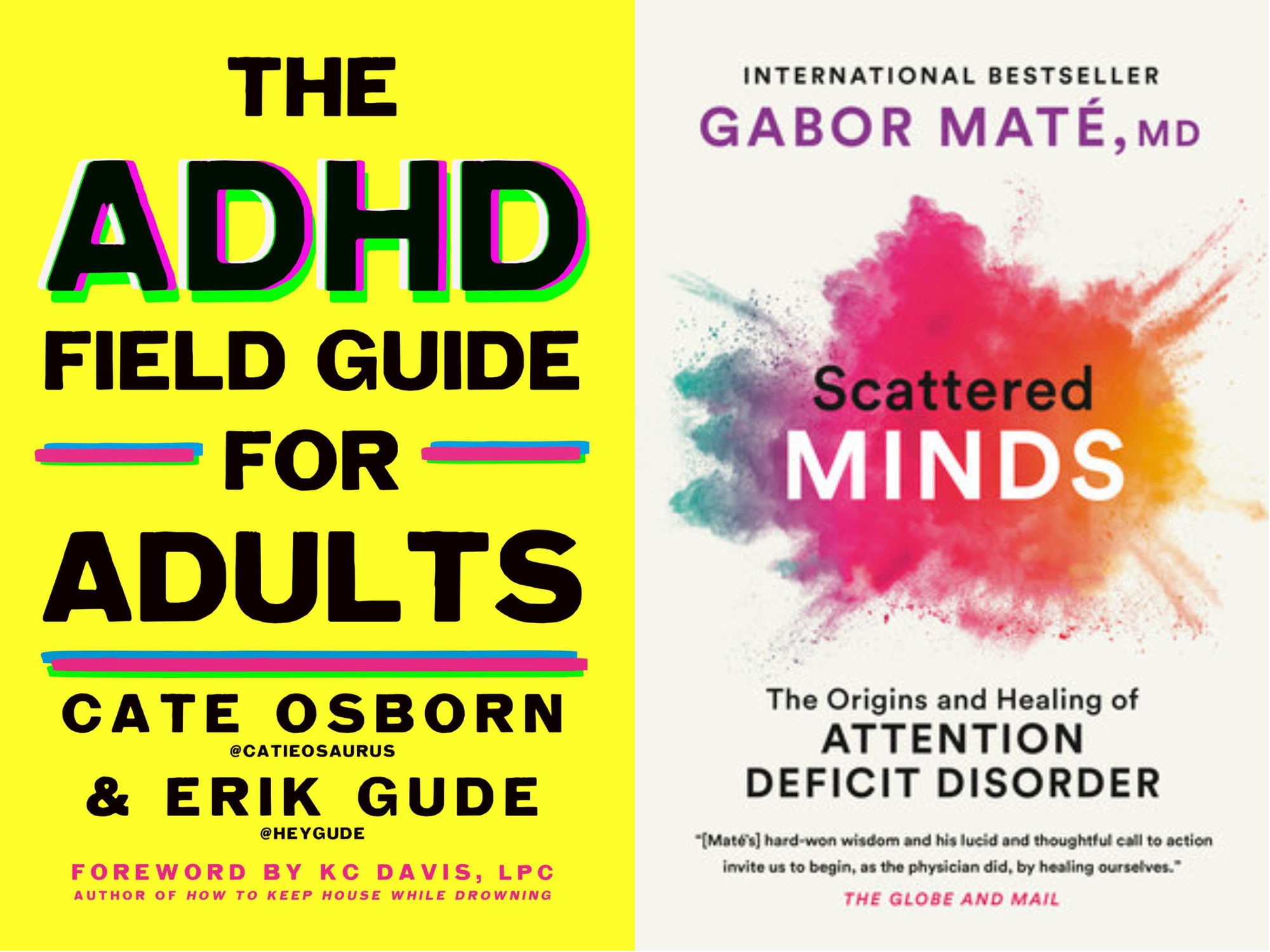 Book covers of The ADHD Field Guide for Adults by Cate Osborn, Erik Gude, Rennie Dyball & K. C. Davis and Scattered Minds by Gabor Maté,