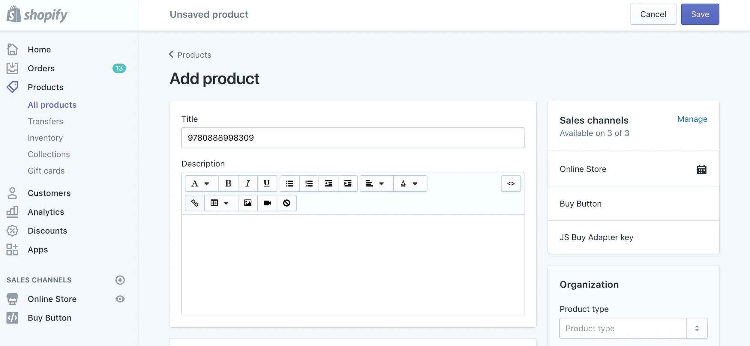 Screen capture of the Shopify admin dashboard showing the BiblioShare Shopify App - Product section
