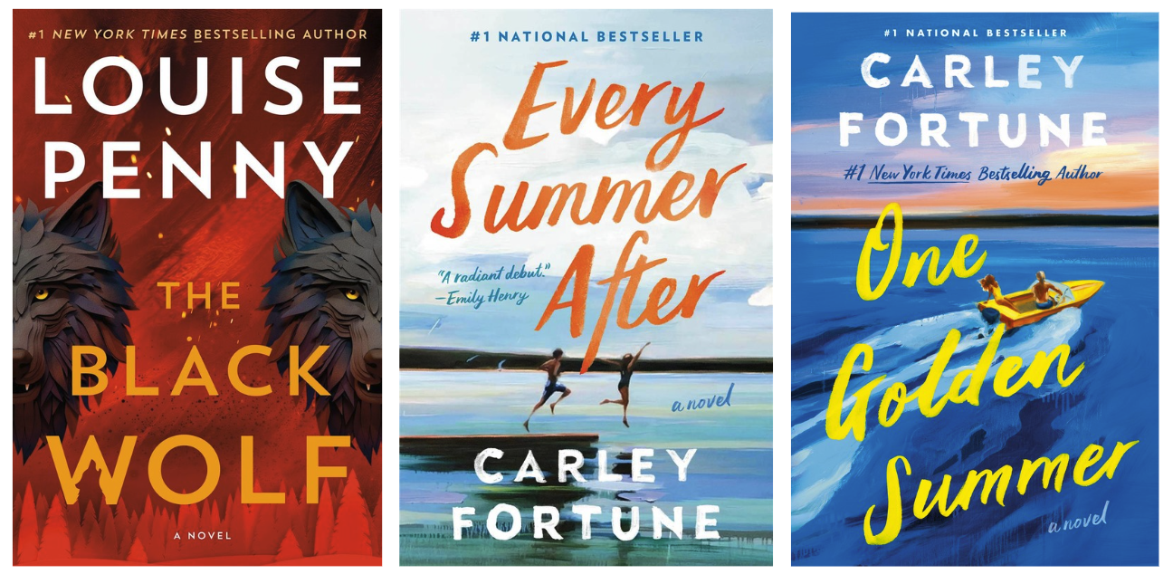 Collage of covers for The Black Wolf by Louise Penny, Every Summer After by Carley Fortune, and One Golden Summer by Carley Fortune