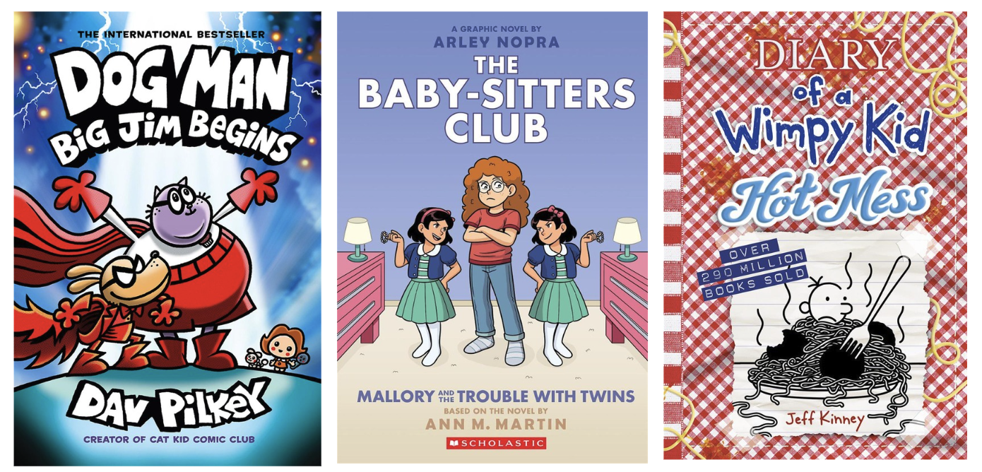 Cover images for Dog Man: Big Jim Begins by Dav Pilkey, The Baby-Sitters Club: Mallory and the Trouble with Twins by Ann M. Martin, and Diary of a Wimpy Kid Hot Mess by Jeff Kinney