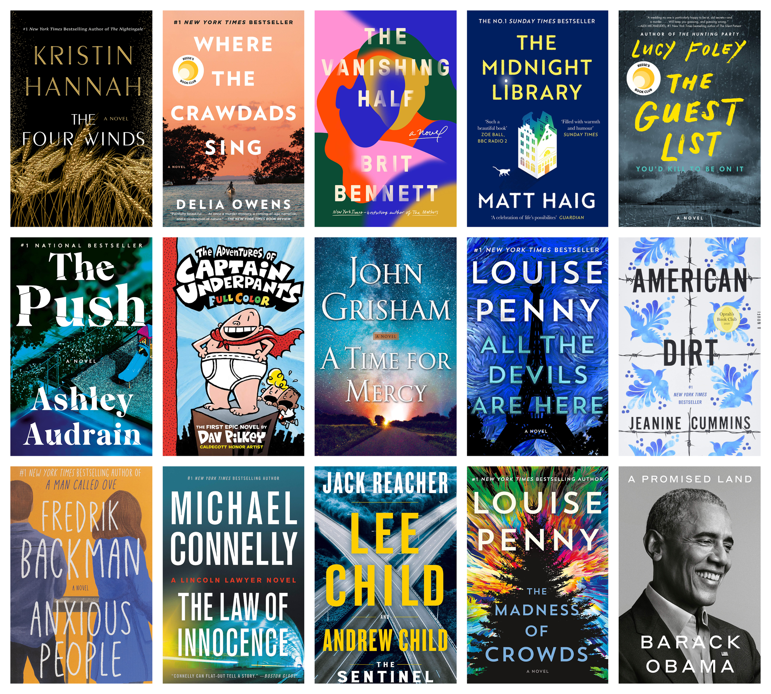 Collage of covers of the 15 most-borrowed print books in 2020 and 2021 in Eastern Canadian public libraries