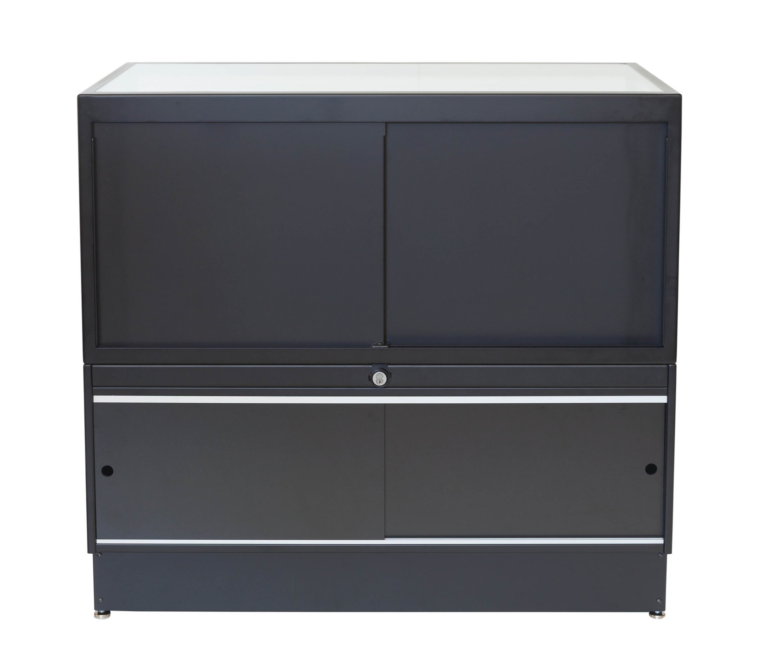 Employee side shown with storage below