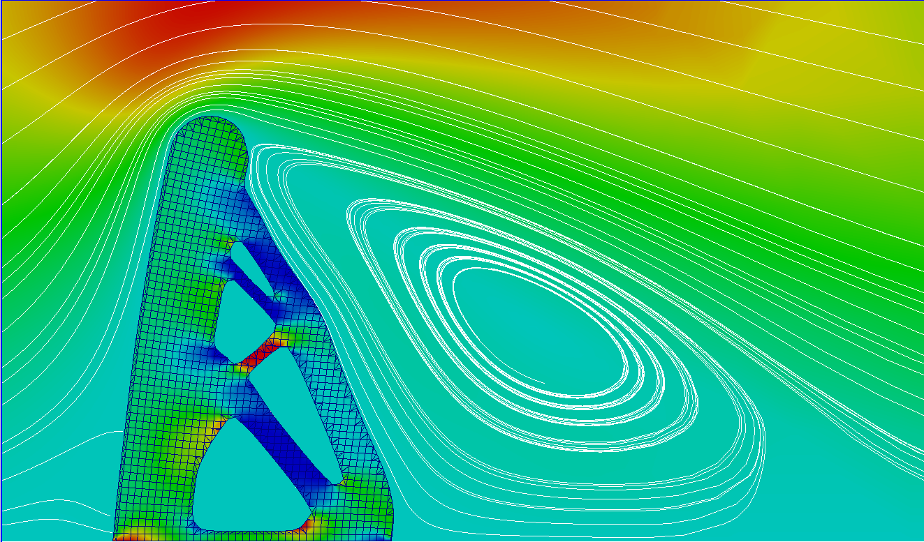 A beam deflects heavily from oncoming rushing flow. I successfully applied high level mathematical/computational optimization methods to tightly coupled, nonlinear fluid-structure interaction analysis models. This new tool improves greatly on conventional techniques for design optimization of many systems such as aircraft aero-elasticity, space craft avionics, automotive gas tank inertia shifts, civil design of architectural structures, and much more.
