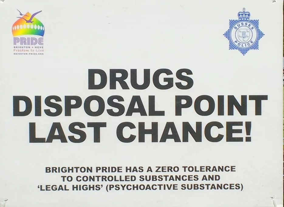 Signs outside the festival area of Brighton Pride 2016